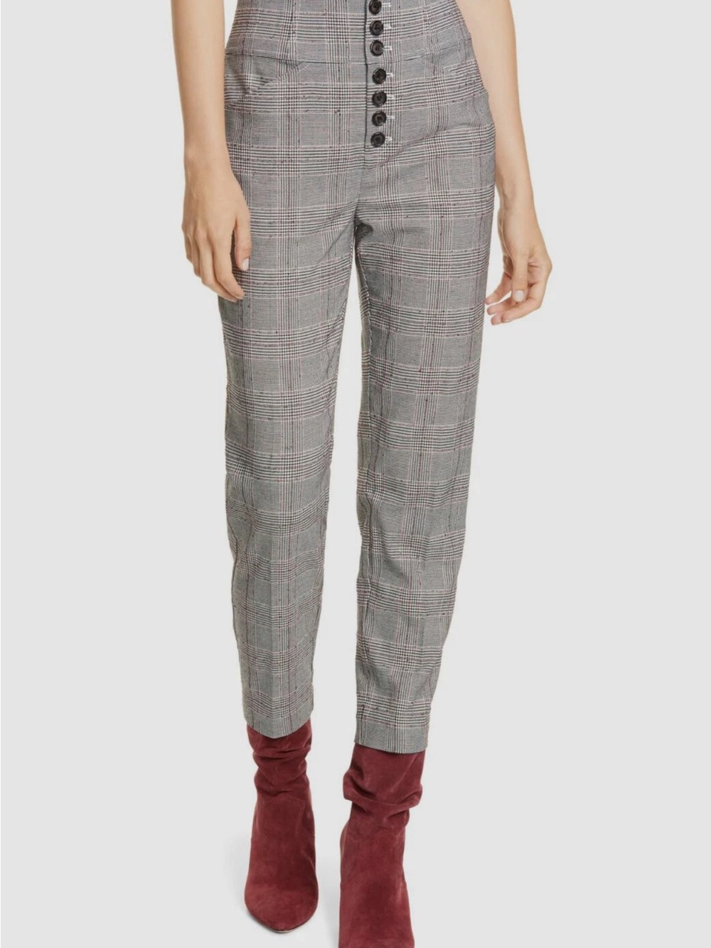 Joie Gray Glen Plaid High-Waist Button Trousers